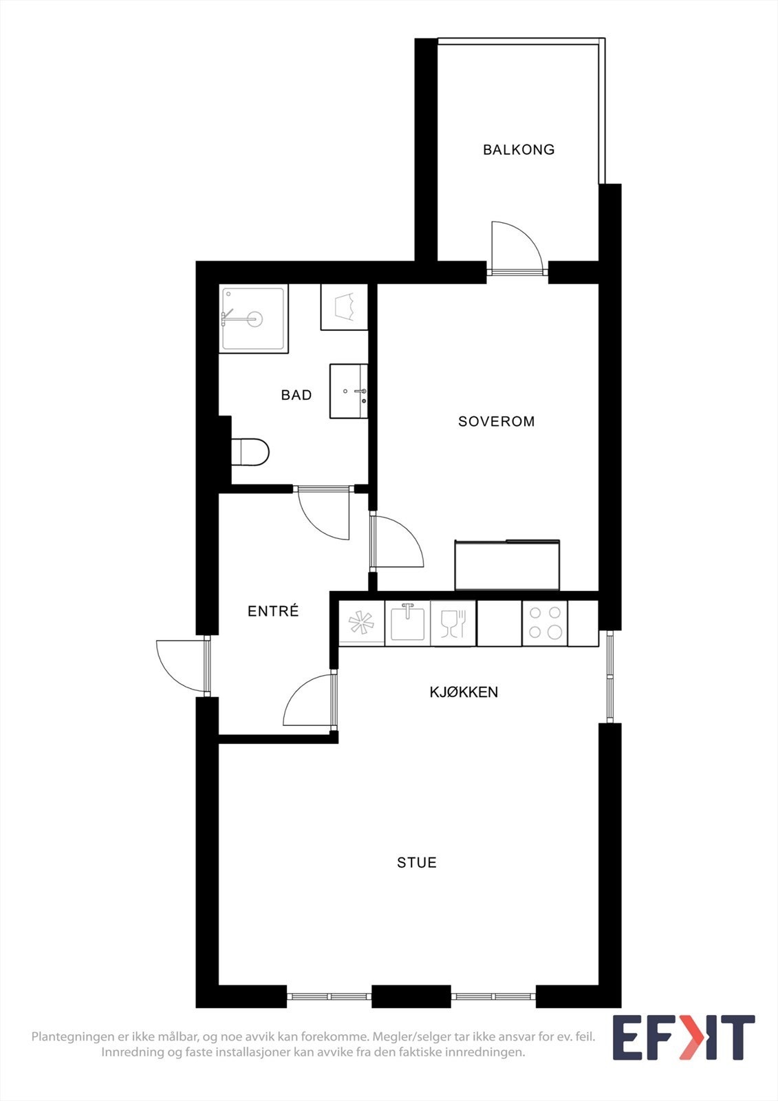 Leiligheten har en arealeffektiv planløsning på 44 m² med åpen stue- og kjøkkenløsning, separat soverom og bad. Galleribilde