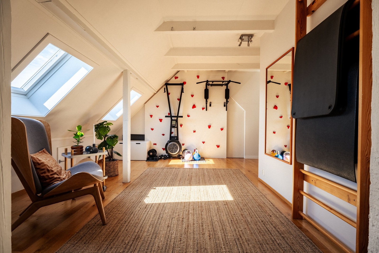 Eget treningsrom/lekerom med klatrevegg, treningsapparat og takvindu som slipper inn godt med naturlig lys, en sjelden bonus i en bolig av denne typen. Galleribilde
