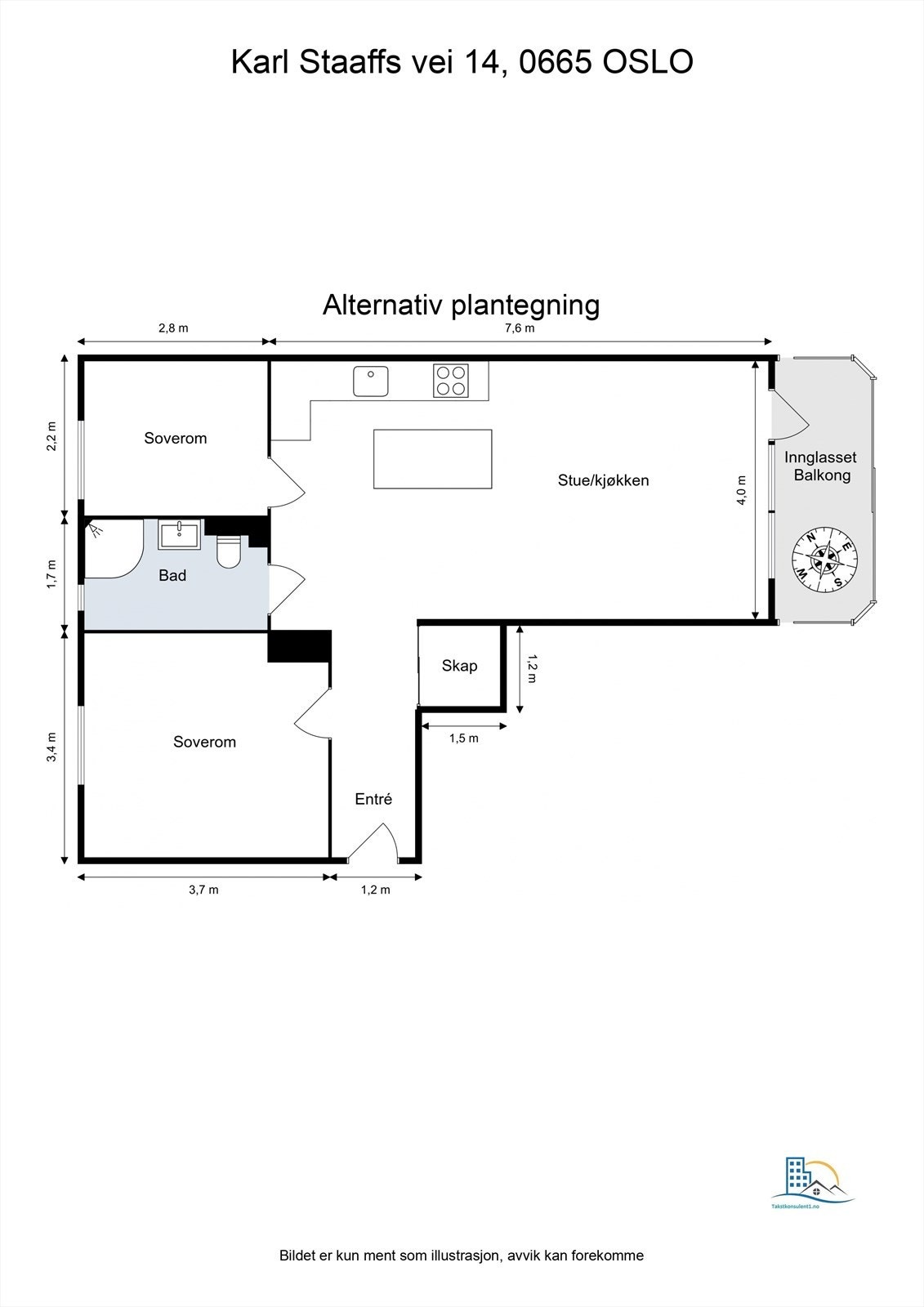 Alternativ planløsning hvor dagens kjøkken er flyttet ut i stuen for å etablere et ekstra soverom. Dette kun ment som inspirasjon. Kjøper er selv ansvarlig for utføring og risiko forbundet med eventuell omgjøring. Galleribilde
