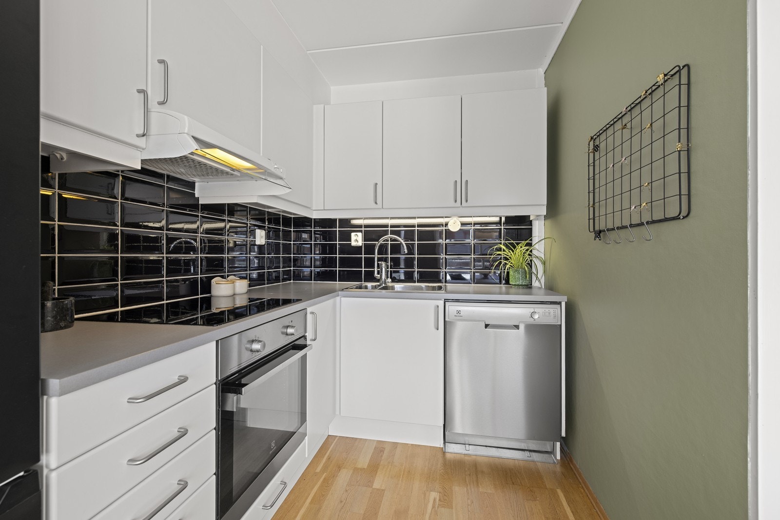Det er integrert induksjonstopp, stekeovn og kjøkkenventilator er montert i overskap med avtrekk ut. Det er opplegg for oppvaskmaskin (medfølger salget) og avsatt plass for kjøl/fryseskap. Galleribilde