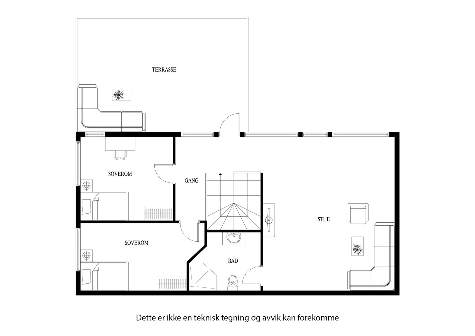 Planløsning for toppetasjen (merk; badet er opprinnelig søkt som bod på tegninger - badet har vært innredet slik siden byggeår) Galleribilde