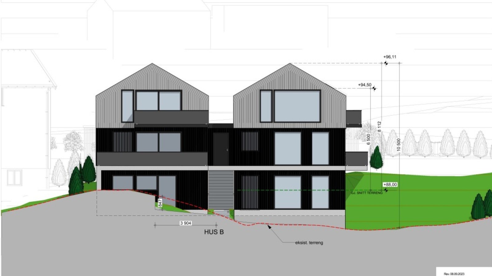 Arkitekttegning. 1B og 1C.Høgåsveien 1B til venstre. Høgåsveien 1C til høyre. Galleribilde