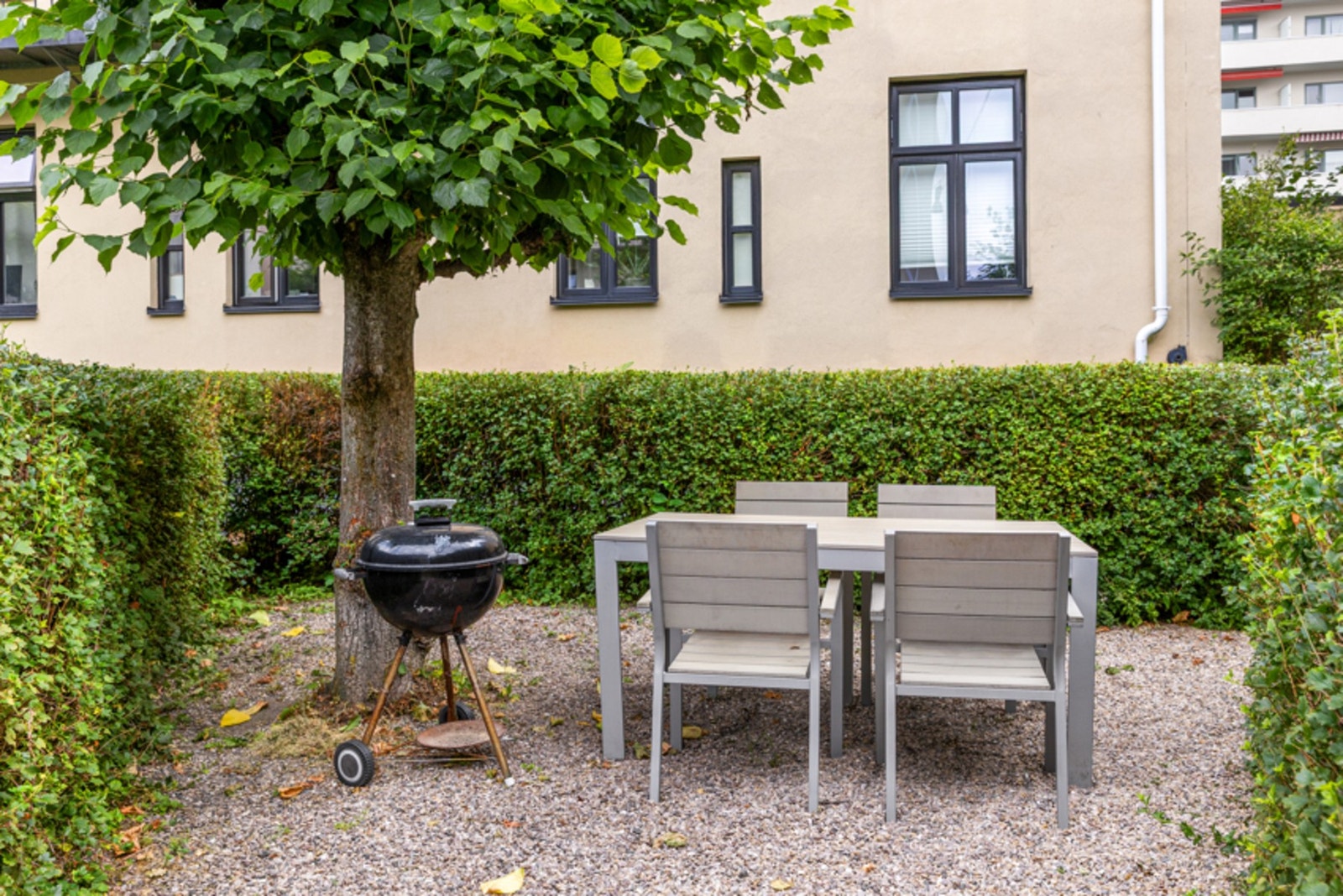 Frodig og grønn bakgård med flere hyggelige sittegrupper og grillmuligheter. Galleribilde
