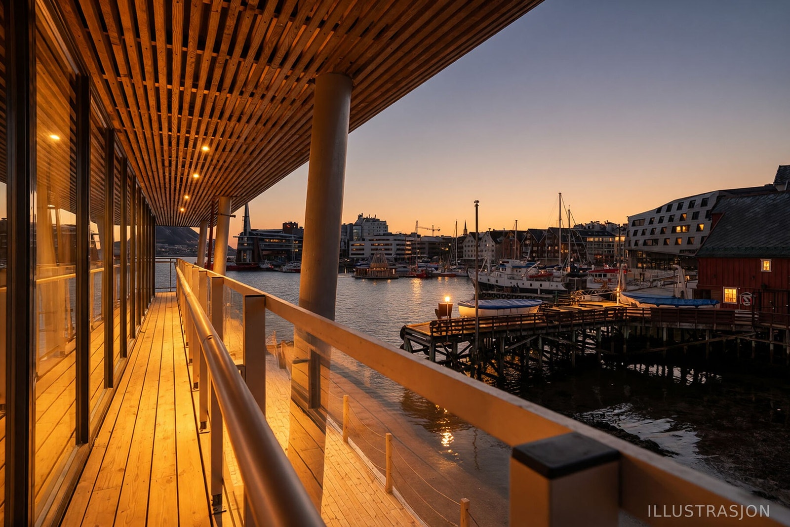 Terrassen går rundt bygget. Her mot indre havn
Ai-kveldsbilde Galleribilde