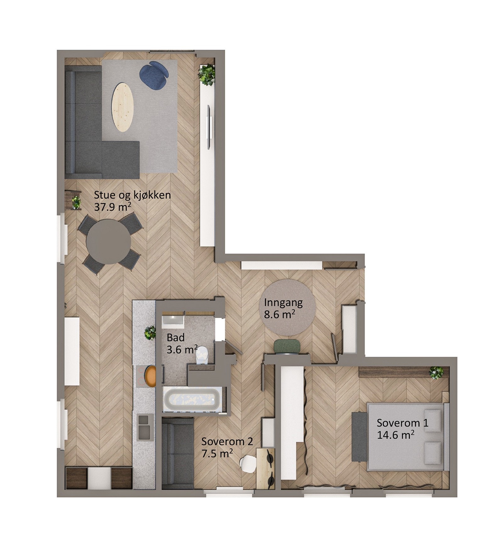 Plantegning. I tillegg disponerer leiligheten 2 kjellerboder som begge er på ca. 2,3m², samt en garasjeplass med elbil-lader i nabobygget (Oksenøyveien 39). Galleribilde