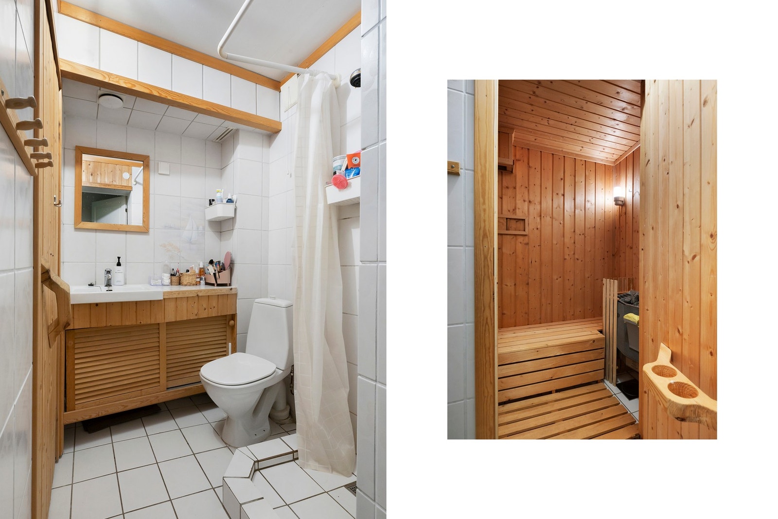 Flislagt kjellerbad med varmekabler utstyrt med dusjnisje, toalett og servant, samt egen badstue. Galleribilde