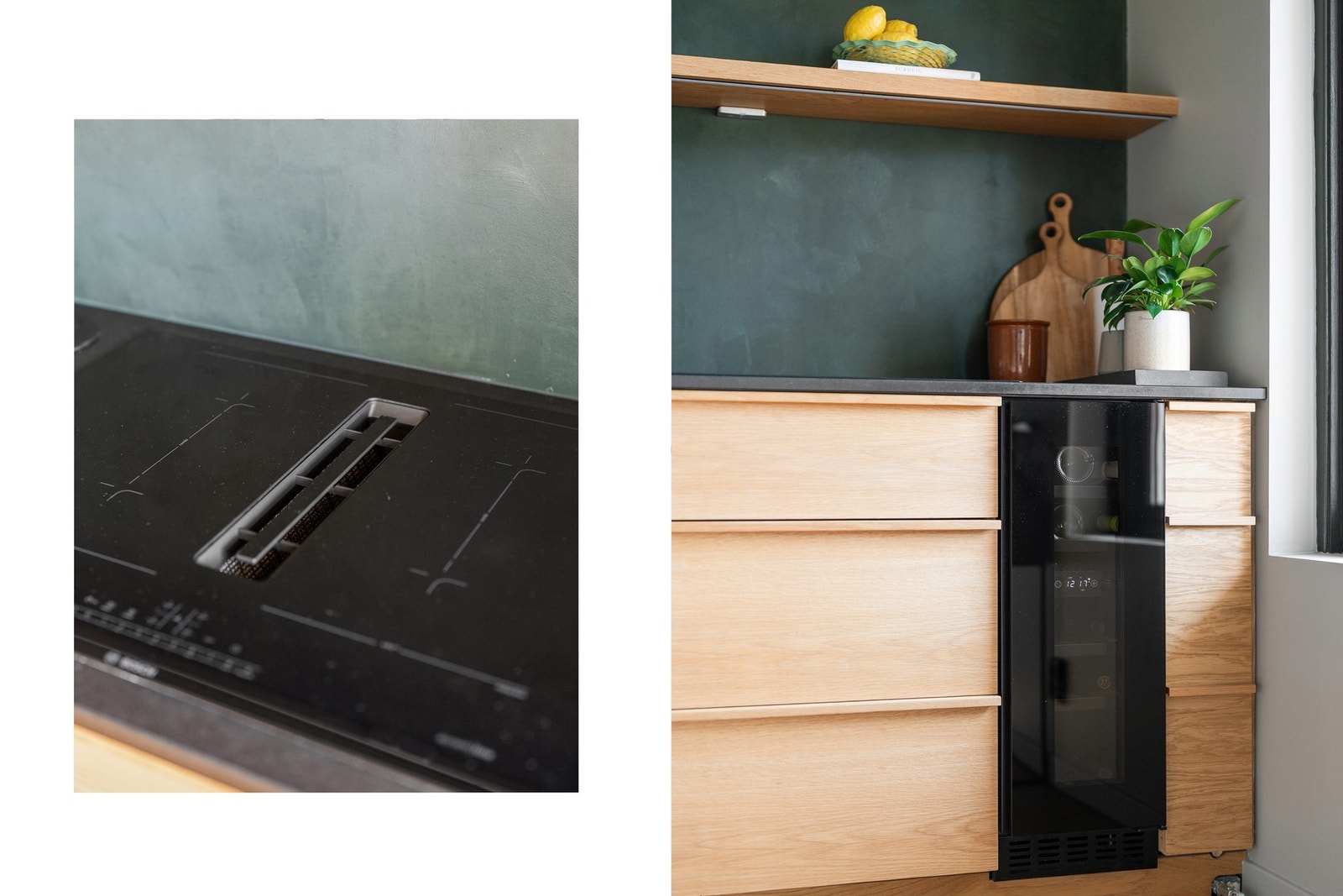 Videre har kjøkkenet integrerte hvitevarer som oppvaskmaskin fra Electrolux, kjøl/frys fra Samsung, stekeovn og platetopp med integrert avtrekk fra Bosch samt vinkjøleskap fra Temptech Galleribilde