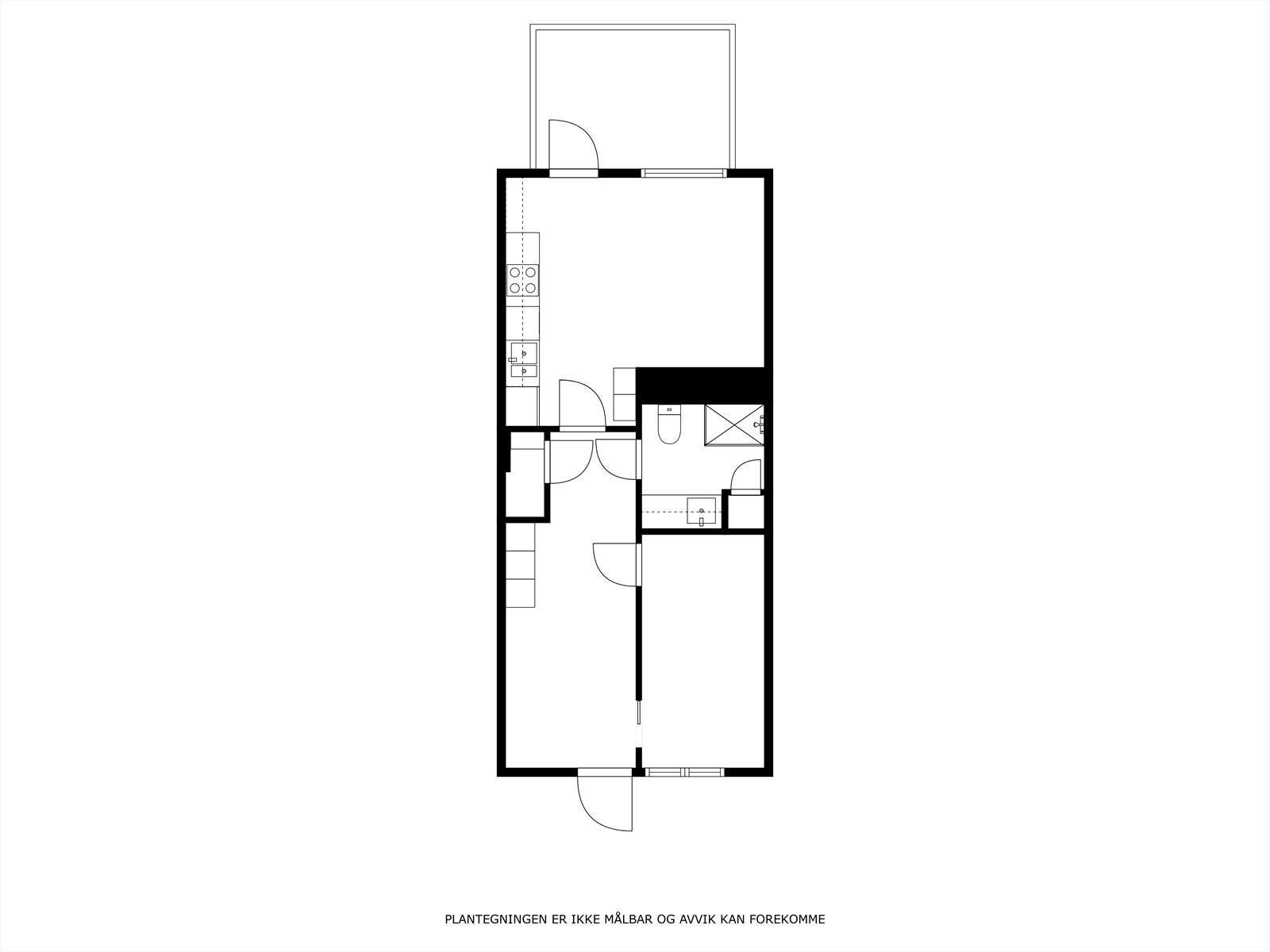 Plantegning - Gang, bad, stue/kjøkken, soverom og bod. Galleribilde