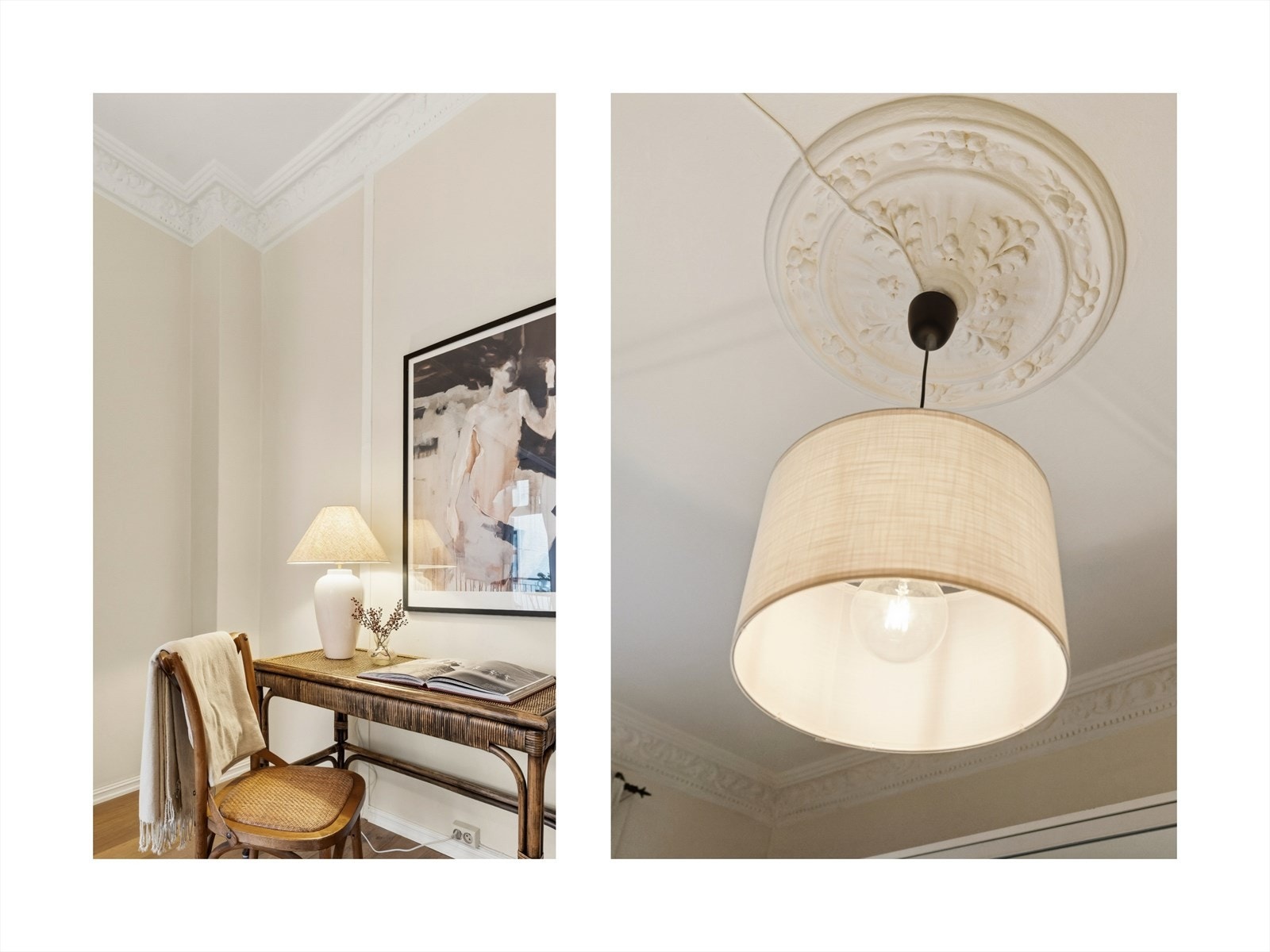 Rommet har også de nydelige klassiske detaljene med stukkatur og rosett Galleribilde