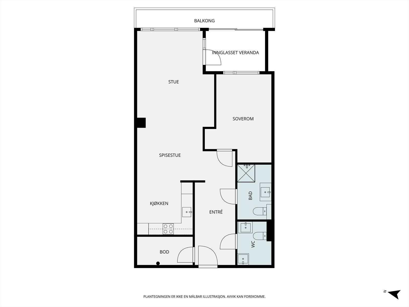 Leiligheten har en effektiv planløsning på 77 m² (BRA-i) som inkluderer ett soverom, separat vaskerom, bad, bod og en sosial sone med åpen stue og kjøkken. Galleribilde