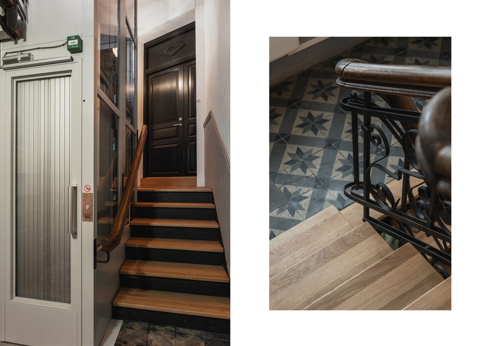 Bygården har trappeoppgang med nydelige klassiske detaljer. Det er også heis i bygget. Galleribilde
