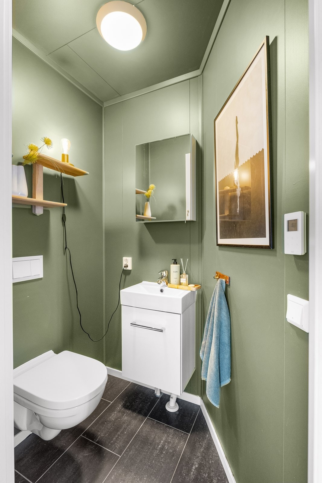 Delikat wc-rom med vegghengt toalett og moderne innredning. Galleribilde