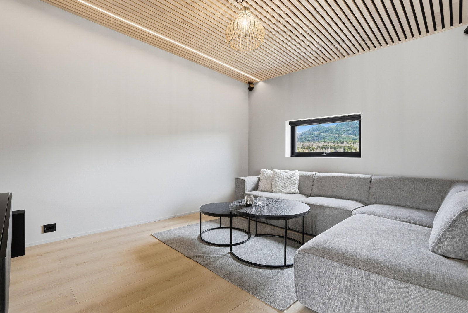 Tv-stuen har spiletak med innfelt belysning, og det er god plass til en stor sofagruppe for både rolige og sosiale kvelder. Galleribilde