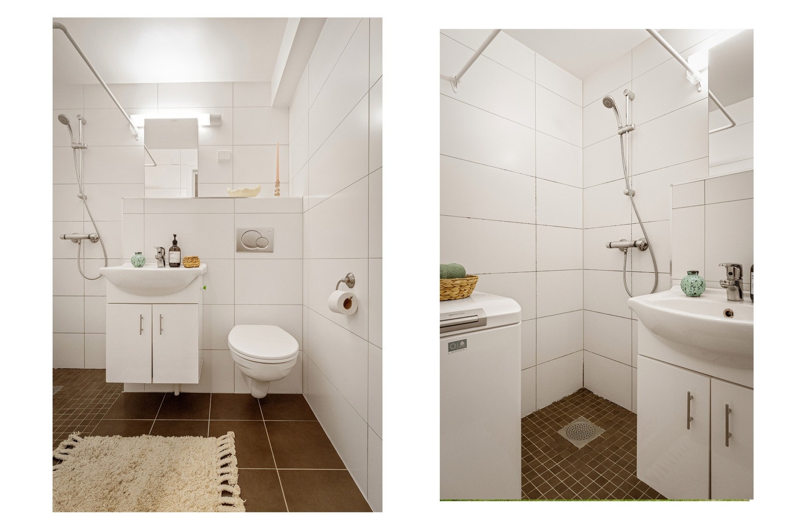 Badet er utstyrt med vegghengt toalett, dusjhjørne, servant med innredning og speilskap. Galleribilde