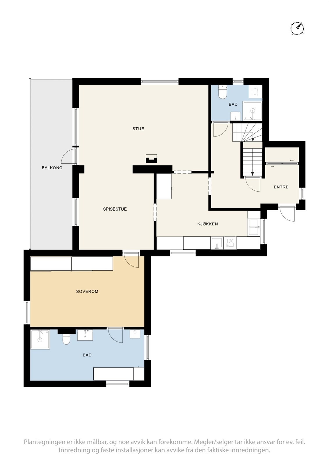 Hovedplanet på 96 m² har en sosial sone med stue og kjøkken, samt ett soverom og to bad. Galleribilde