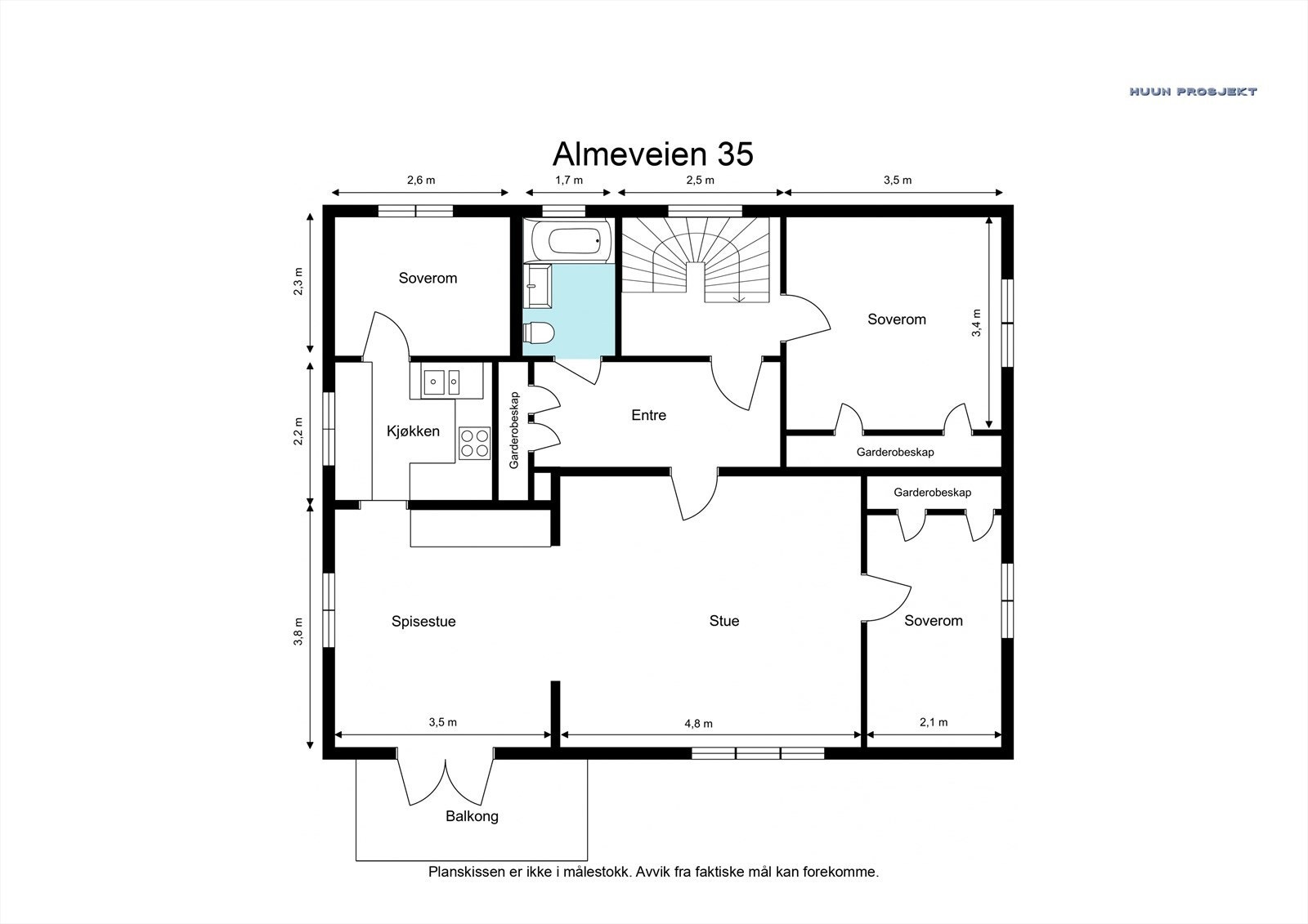 2. etasje (91 kvm BRA-i + ca. 6 kvm balkong), består av: Entré, gang/trapp, stue/spisestue, kjøkken, bad og 3 soverom. Galleribilde