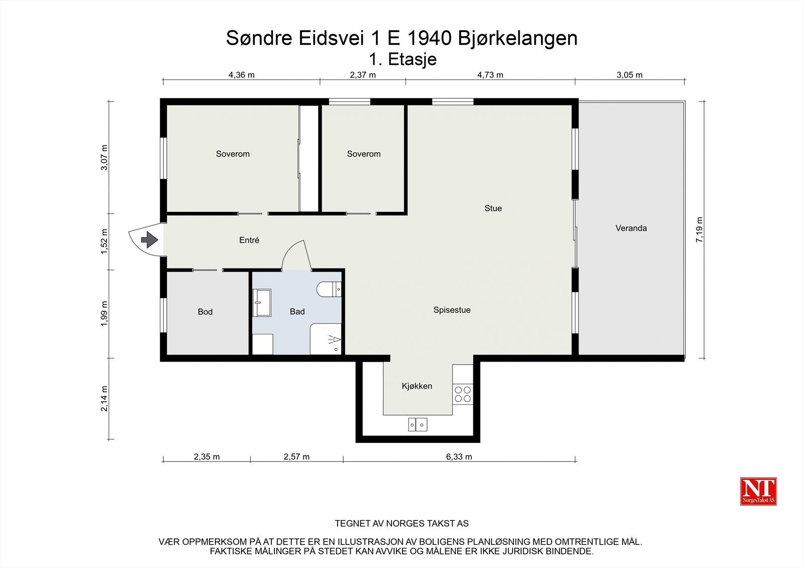 Boligen inneholder entré, to soverom, bad, stue, spisestue og kjøkken, samt utgang til veranda. Galleribilde