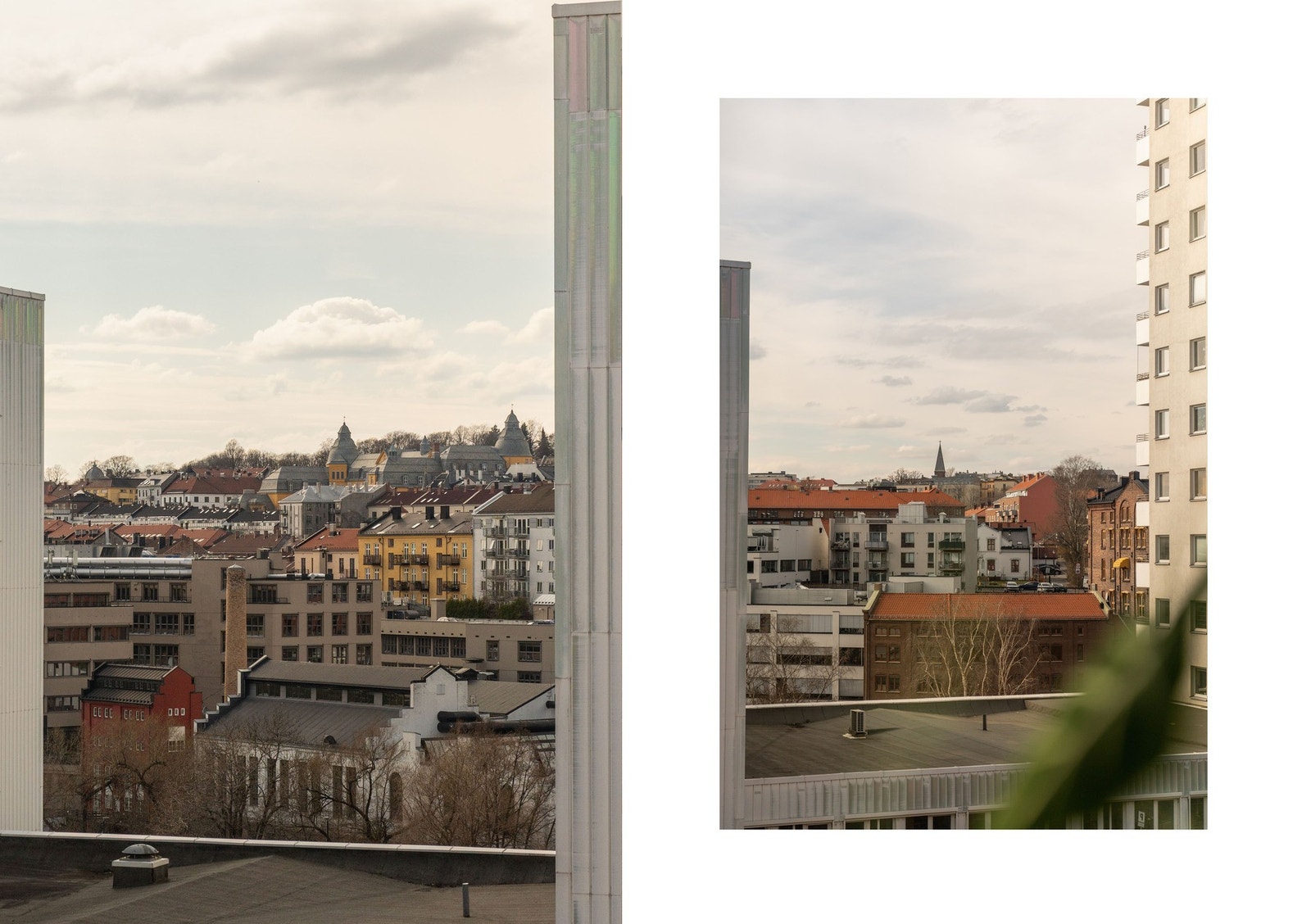 Fra leiligheten er det en åpen utsikt over nærområdets tak og arkitektur. Galleribilde
