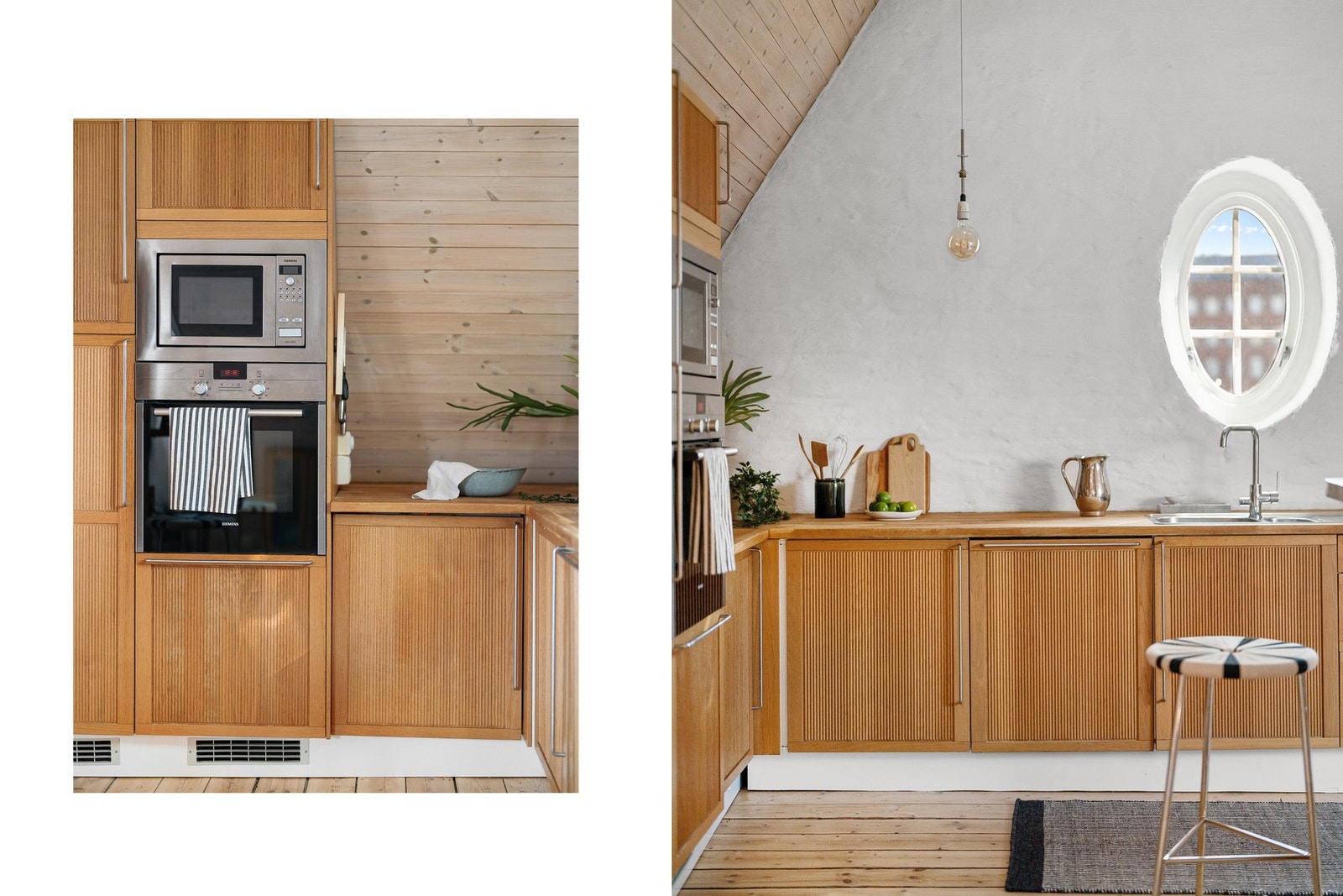 Integrerte hvitevarer som stekeovn og micro i høyskap samt platetopp fra Siemens. Oppvaskmaskinen fra AEG. Integrert kjøleskap og fryser fra Ikea. Galleribilde