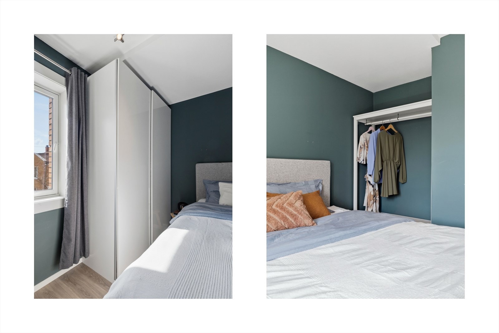 God oppbevaringsplass med både skyvedørsgarderobe og åpen garderobeløsning som medfølger leiligheten. Galleribilde