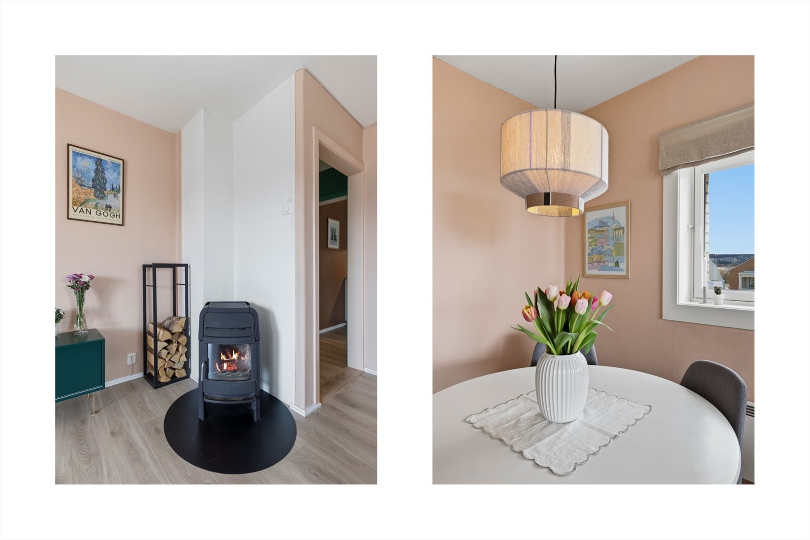 Hyggelig med peis i stuen og mye lys siden dette er en hjørneleilighet Galleribilde