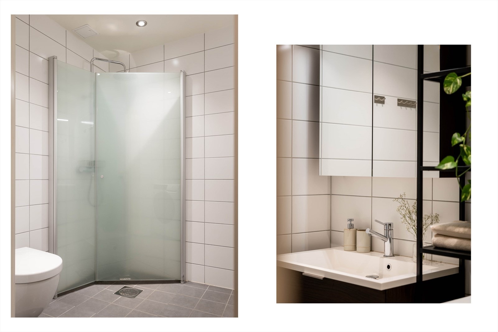 Badet er innredet med servant i skuffeseksjon og speilskap med oppbevaring. Videre er det vegghengt toalett og dusjhjørne med innfellbare glassdører. Galleribilde