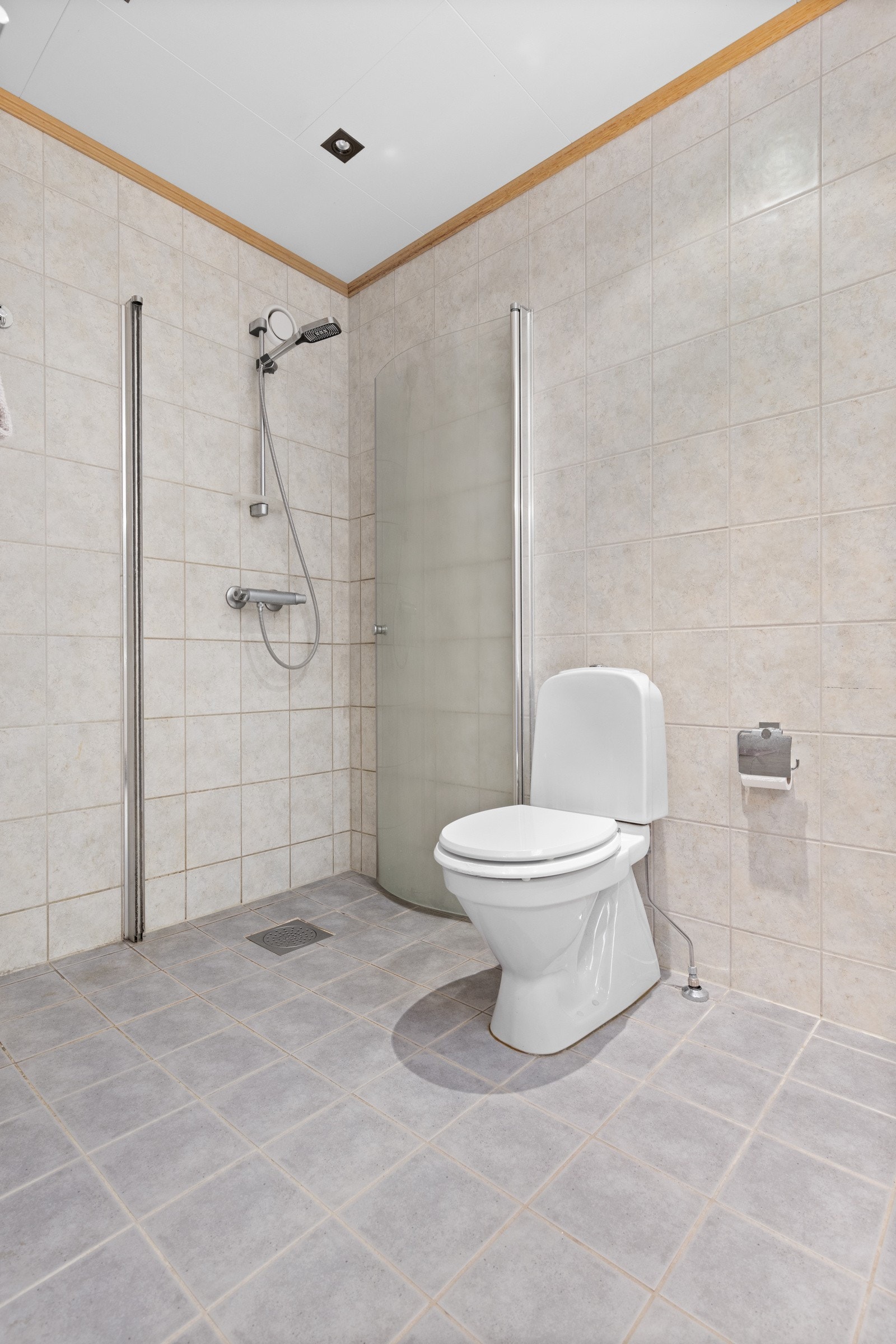Videre har badet et frittstående toalett og dusjhjørne med innfellbare glassdører. Himlingen er lyssatt med downlights. Galleribilde