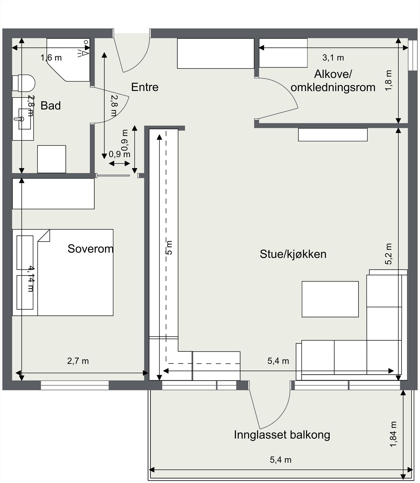 Plantegning. Andelen disponerer også to eksterne boder Galleribilde