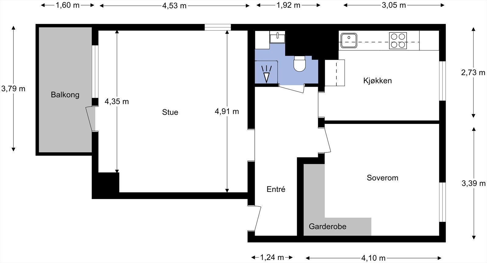 Leiligheten ligger i 5. etasje og inneholder entré, stue, kjøkken, soverom, bad og balkong. I tillegg disponerer leiligheten en loftsbod og en kjellerbod. Galleribilde