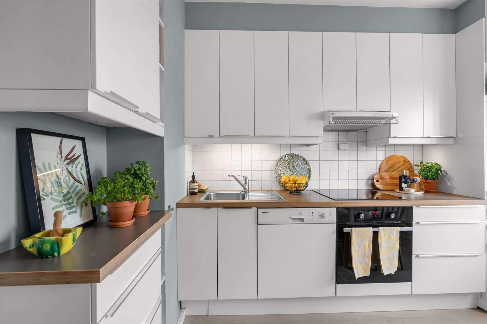 Innredning fra IKEA med laminert benkeplate, ventilator med kullfilter, oppvaskkum med 1-greps blandebatteri og lys under overskap. Galleribilde