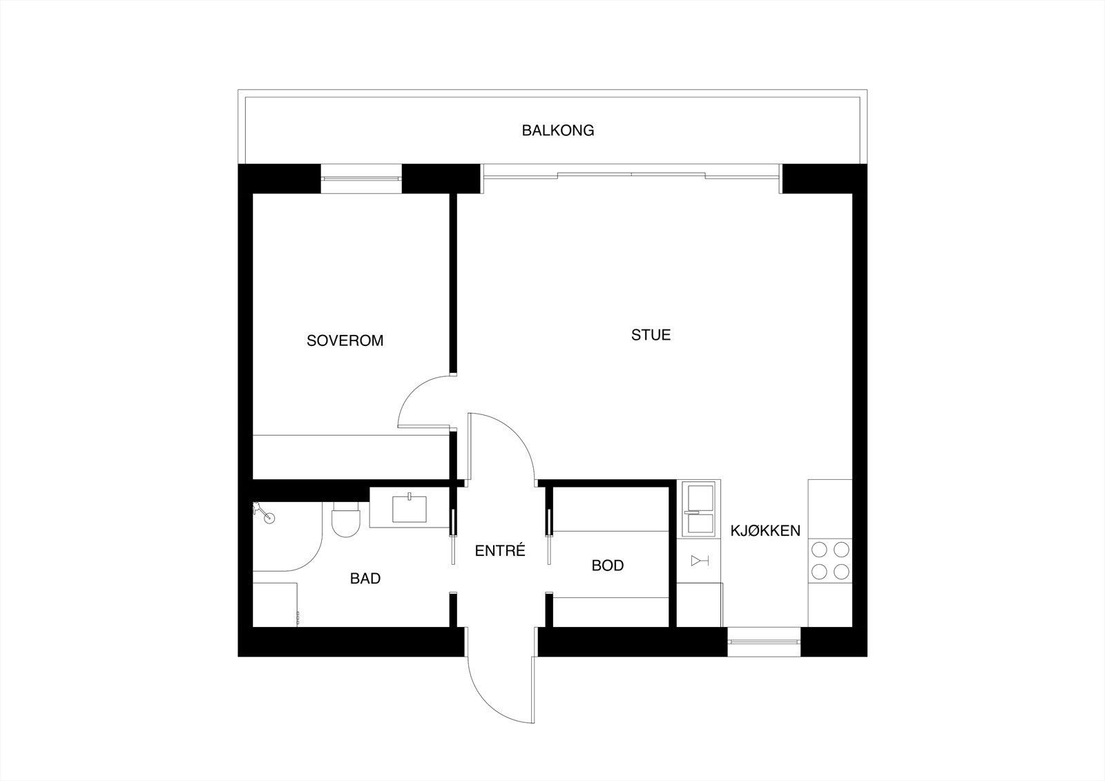 Planskisse. Leiligheten har ekstern bod i byggets kjelleretasje på 4 m². Galleribilde