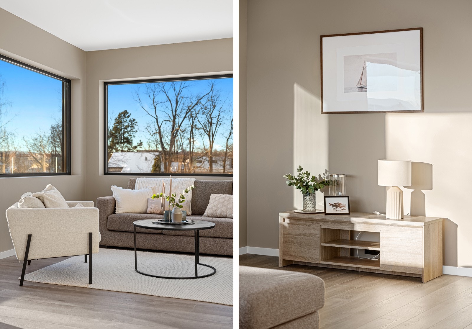 Den modene fargepaletten gjør det enkelt å innrede med ønsket møblement. Farge på vegger er malt i Modern beige fra Jotun, NCS-kode 2805 - Y27R. Galleribilde