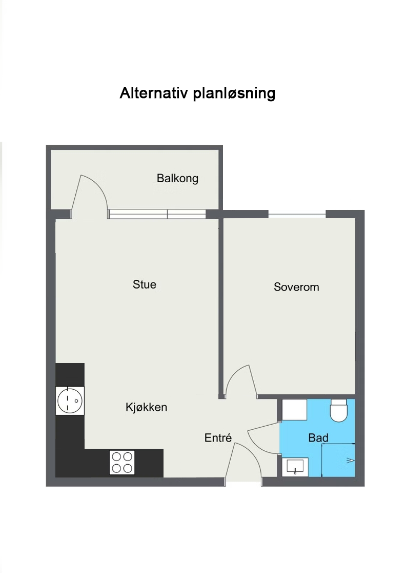 Alternativ plantegning er kun ment som illustrasjon. Det er ikke verifisert om veggen som er vist fjernet er bærende, og endringer må derfor avklares med fagkyndig før eventuell gjennomføring. Galleribilde