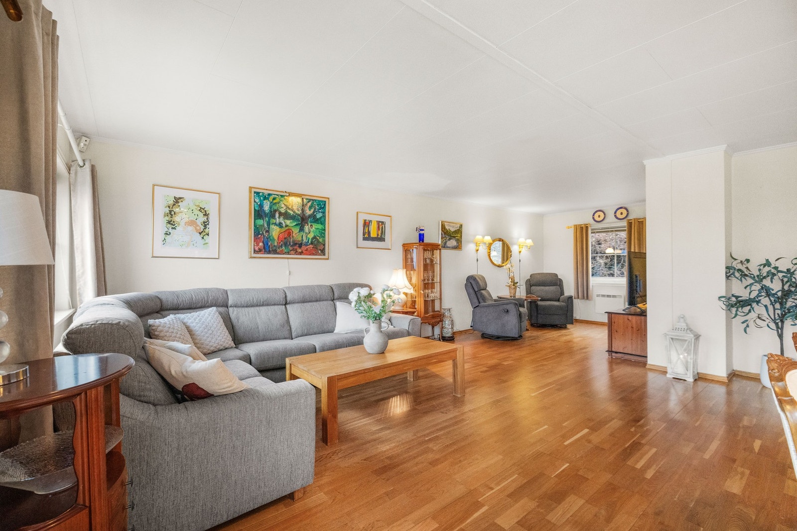 Her er det naturlig plass til både en romslig sofagruppe, spisebord for hyggelige middager og en egen TV-sone. Galleribilde