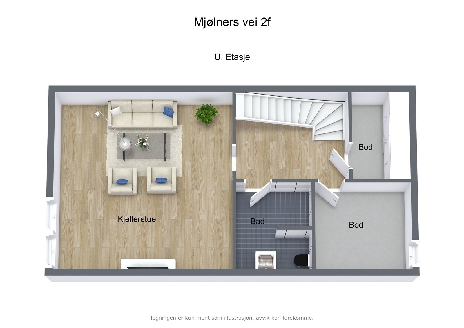 Illustrasjon 3D Mjølners vei 2F - U. Etasje. Galleribilde