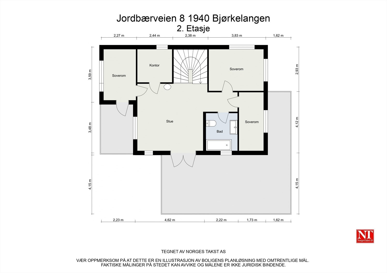 Andre etasje består av stue, bad, kontor og tre soverom, med tilgang til balkong og stor takterrasse Galleribilde