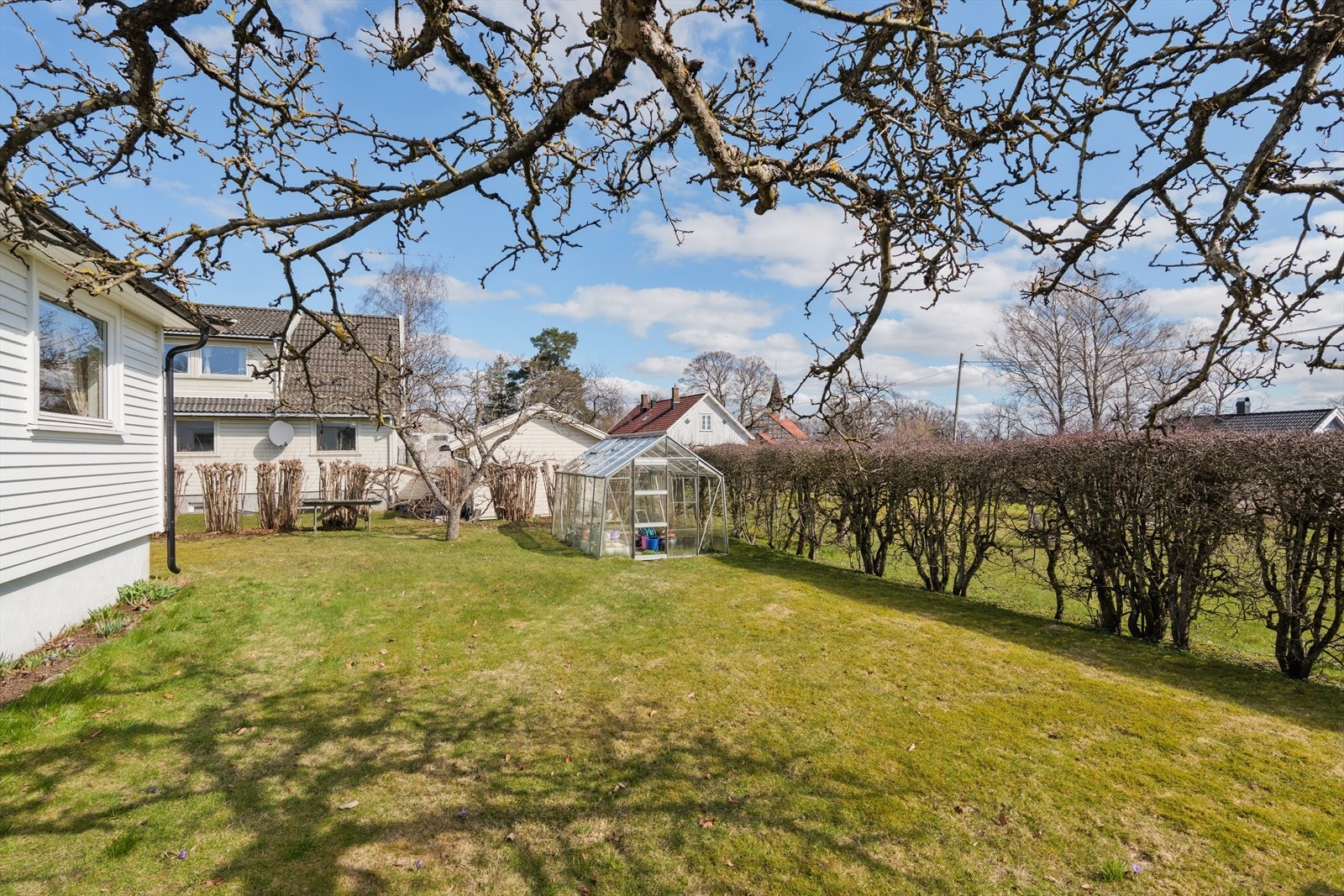 Skjermet og trivelig hage omkranset av hekk som gir godt privatliv mot naboer. Her er det også plass til drivhus - perfekt for deg som ønsker å dyrke egne grønnsaker og blomster i rolige omgivelser. Galleribilde