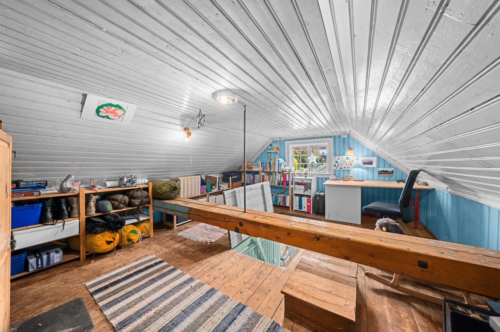Loftstuen har adkomst via en luke i gulvet og er et lite, sjarmerende rom med lyseblå knevegger, hvitmalt himling og tregulv Galleribilde