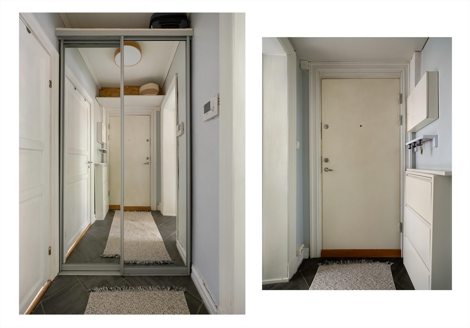 Flislagt gulv i entréen gir en slitesterk og praktisk løsning. God plass til oppbevaring i skyvedørsgarderobe. Galleribilde
