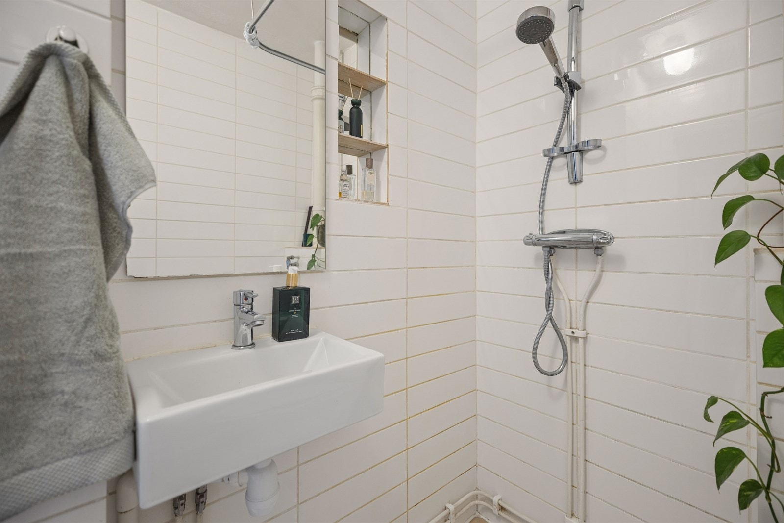 Nærbilde av servant og dusjstang på badet med grønn hengende plante som gir liv til rommet. Galleribilde