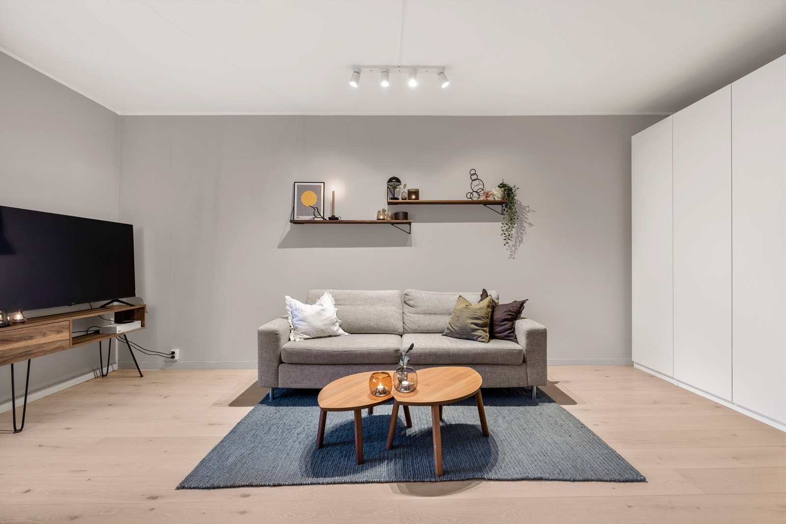 Stuen har god plass til sofagruppe, og et romslig garderobeskap gir rikelig med oppbevaringsplass. Galleribilde