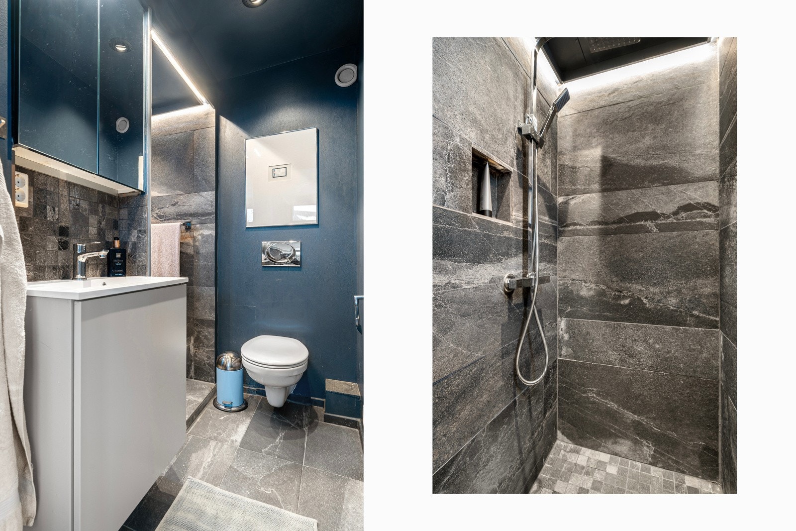 Lekkert baderom med stor dusjnisje.