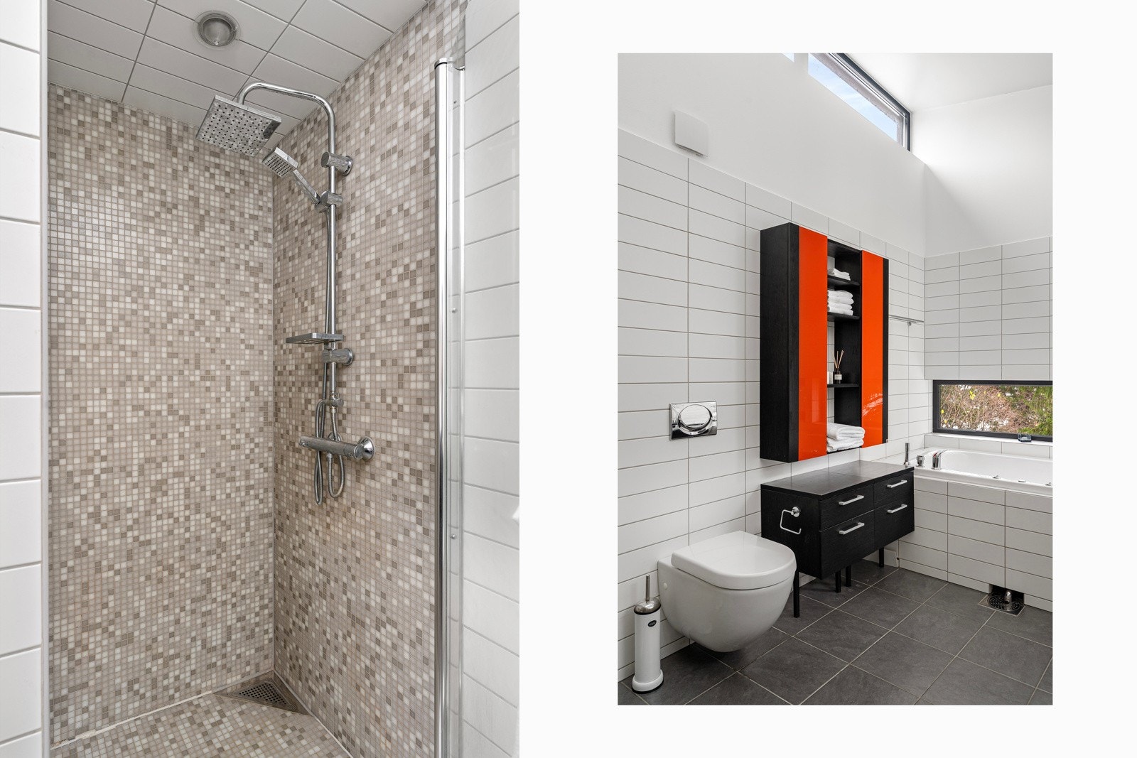 Flislagt bad med både dusjhjørne og badekar.