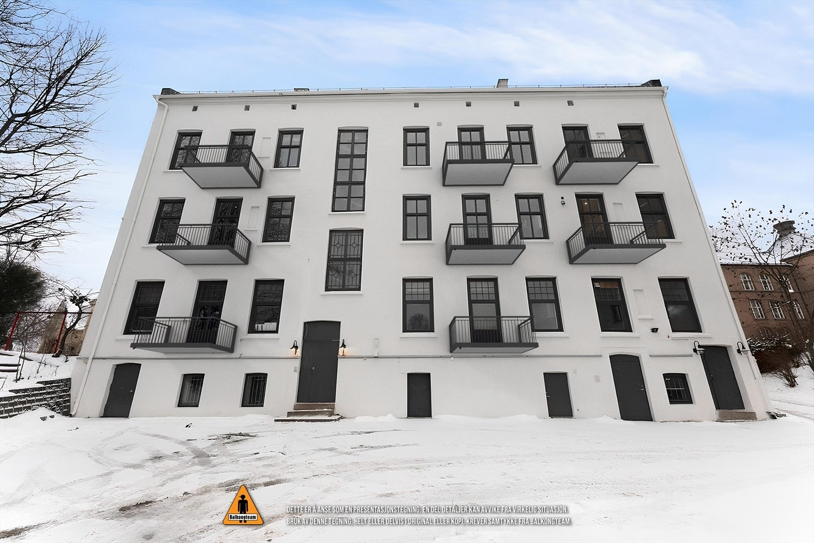Balkong - illustrasjon. Det skal monteres nye balkonger mot bakgård tilknyttet alle leiligheter. Arbeidet starter 21 april og utføres av Balkongteam AS. Selger står for kostnader knyttet til montering av balkongene. Galleribilde