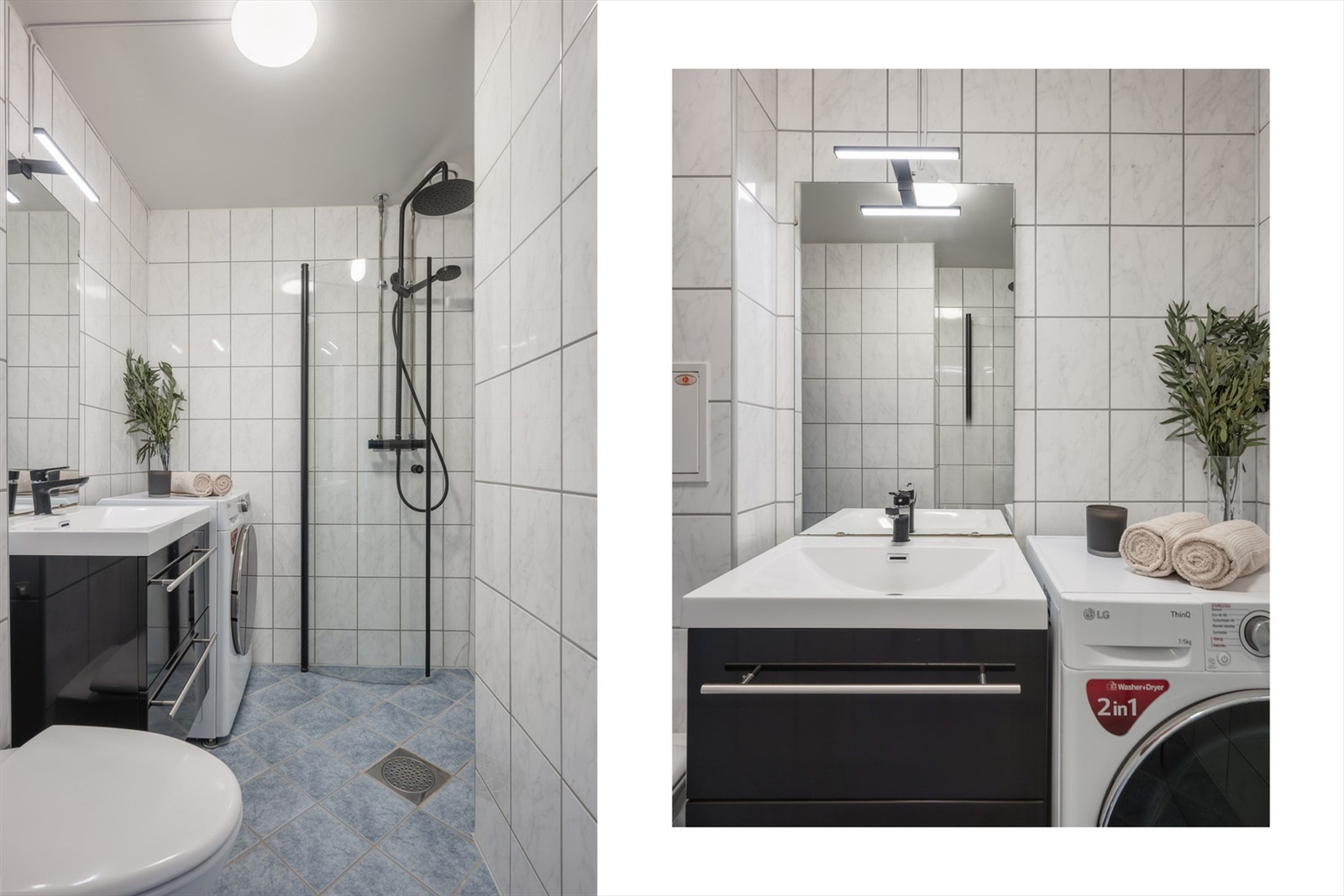 Badet er innredet med vegghengt toalett og servantinnredning, ovenpåliggende servant med armatur og speil med overlys. Galleribilde