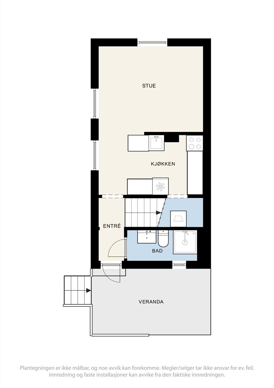 Planløsning for anneksets første etasje, med entré, stue/kjøkken, bad og bod. Galleribilde