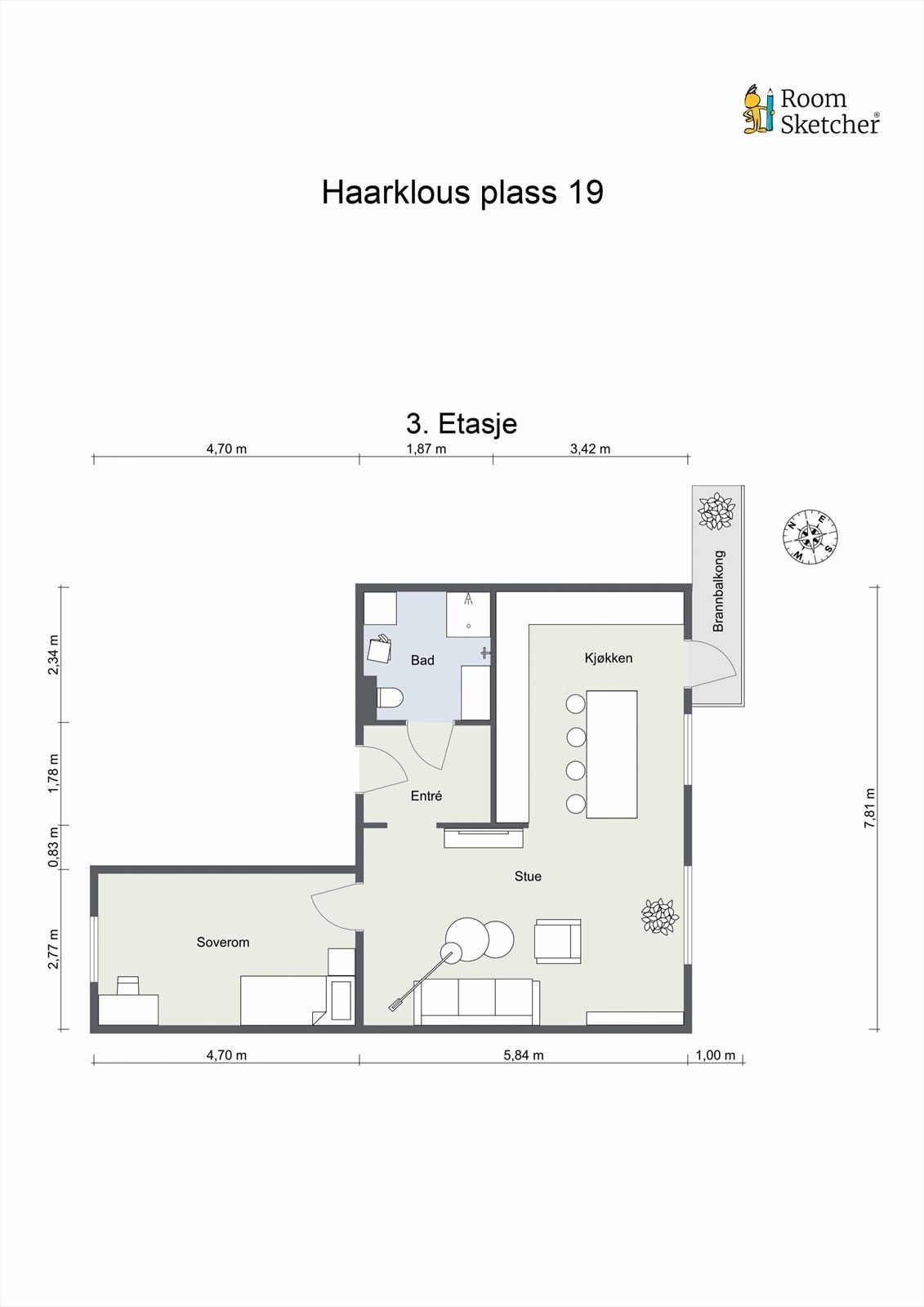 Plantegning. I tillegg disponerer leiligheten to boder - en i kjeller og en på loft. Galleribilde