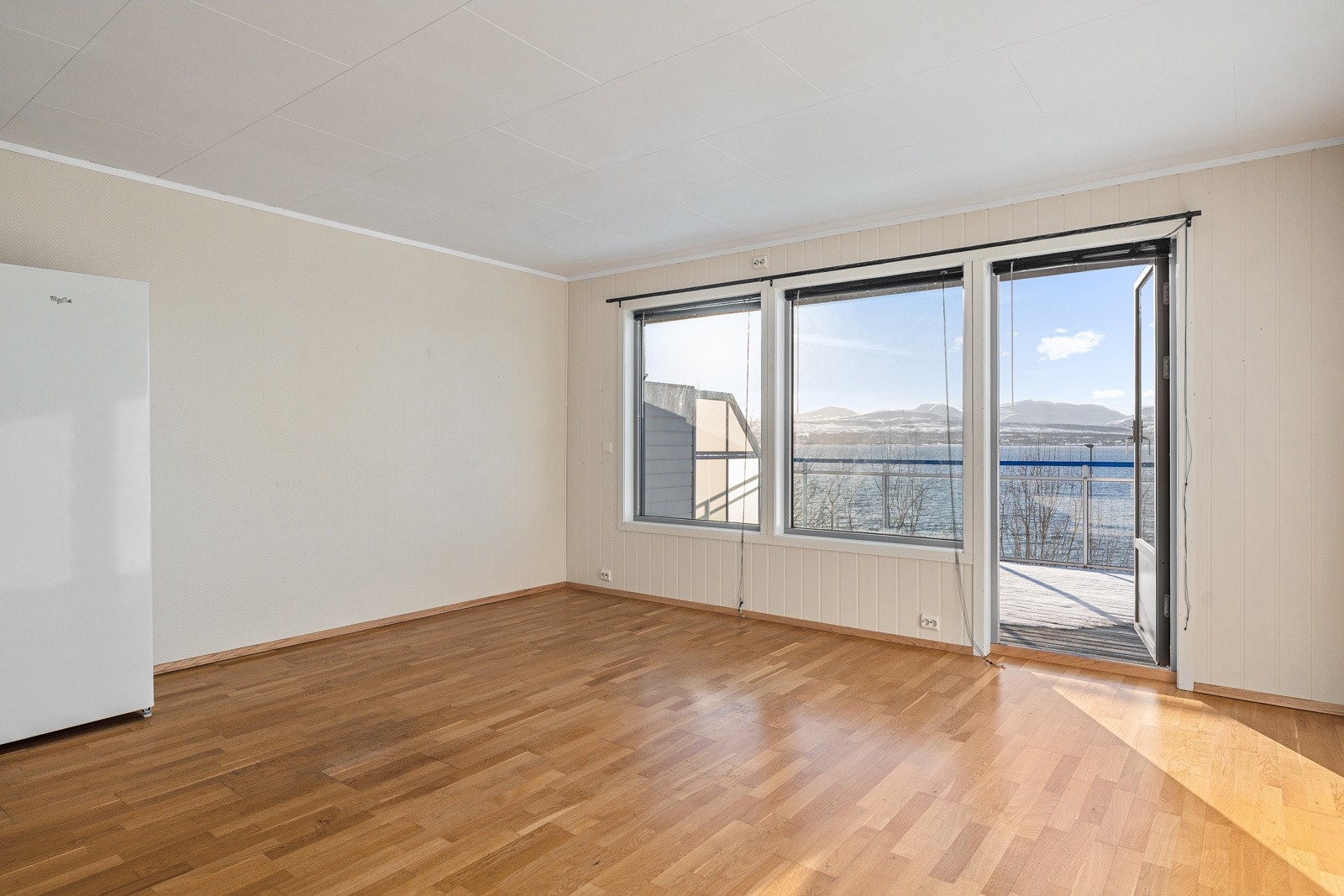 Stue med flott utsikt og utgang til stor vestvendt terrasse.