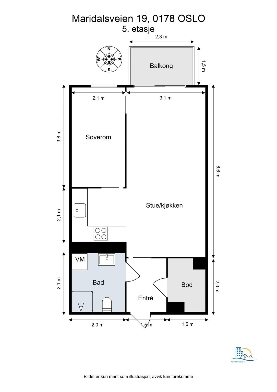 Planløsningen er arealeffektiv og funksjonell, med entré, bod, bad, soverom og en åpen stue- og kjøkkenløsning. Galleribilde