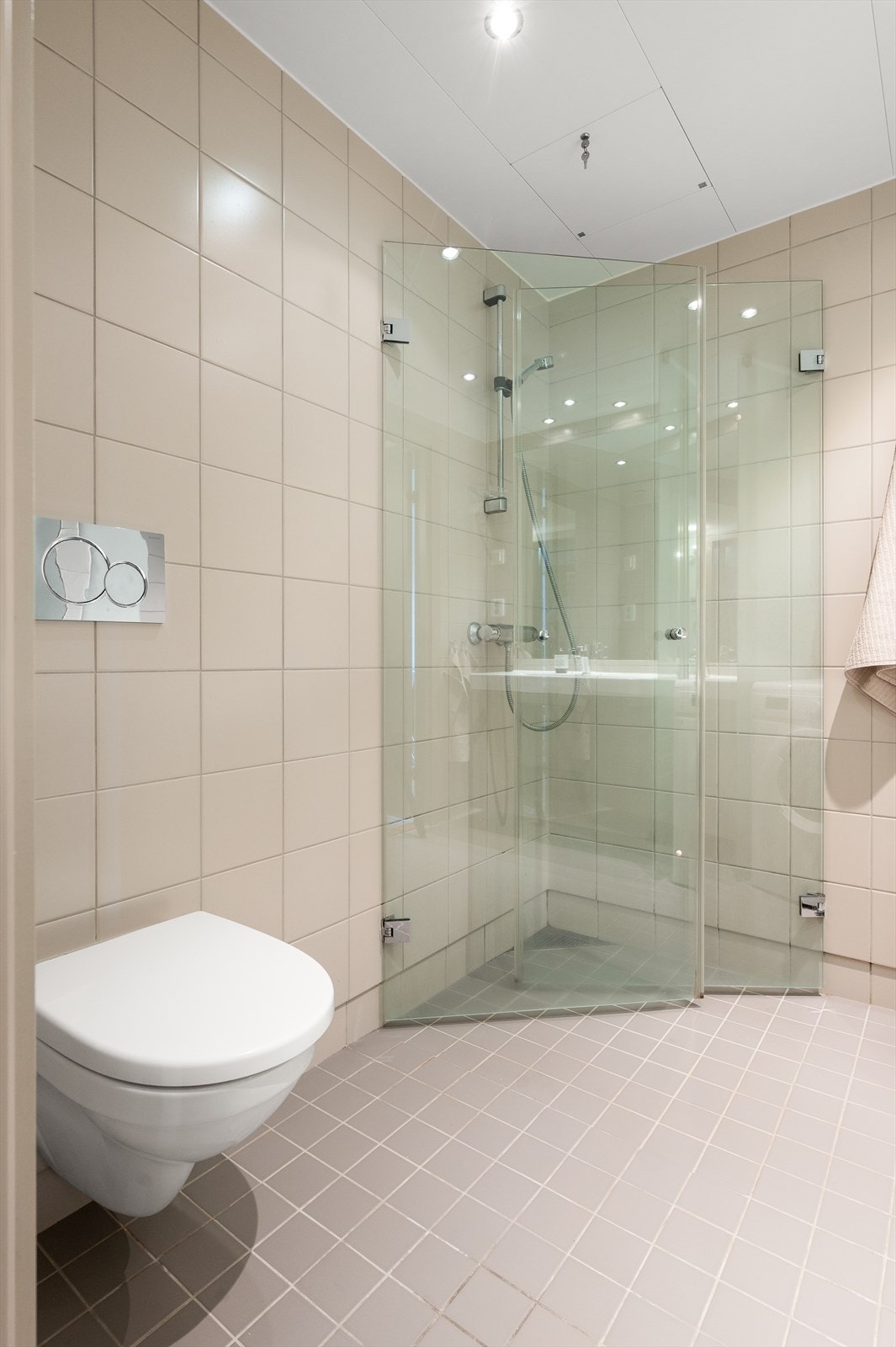 Badet har elektrisk gulvvarme for økt komfort. Innredningen inkluderer vegghengt klosett og dusjhjørne med svingbare glassdører. Galleribilde
